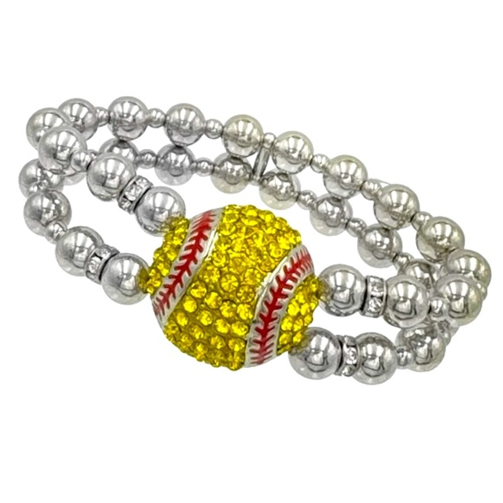 Softball Theme Rhinestone Silver Tone Beaded Stretch Bracelet